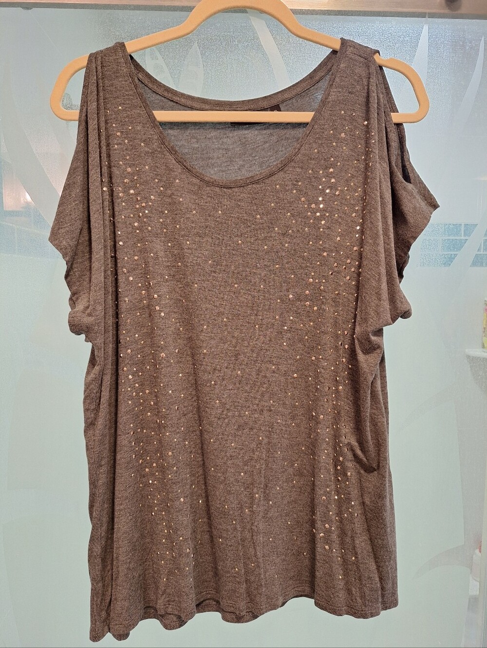 Women’s Grey Studded Cold-Shoulder Top Soft And Stretchy Never Worn
